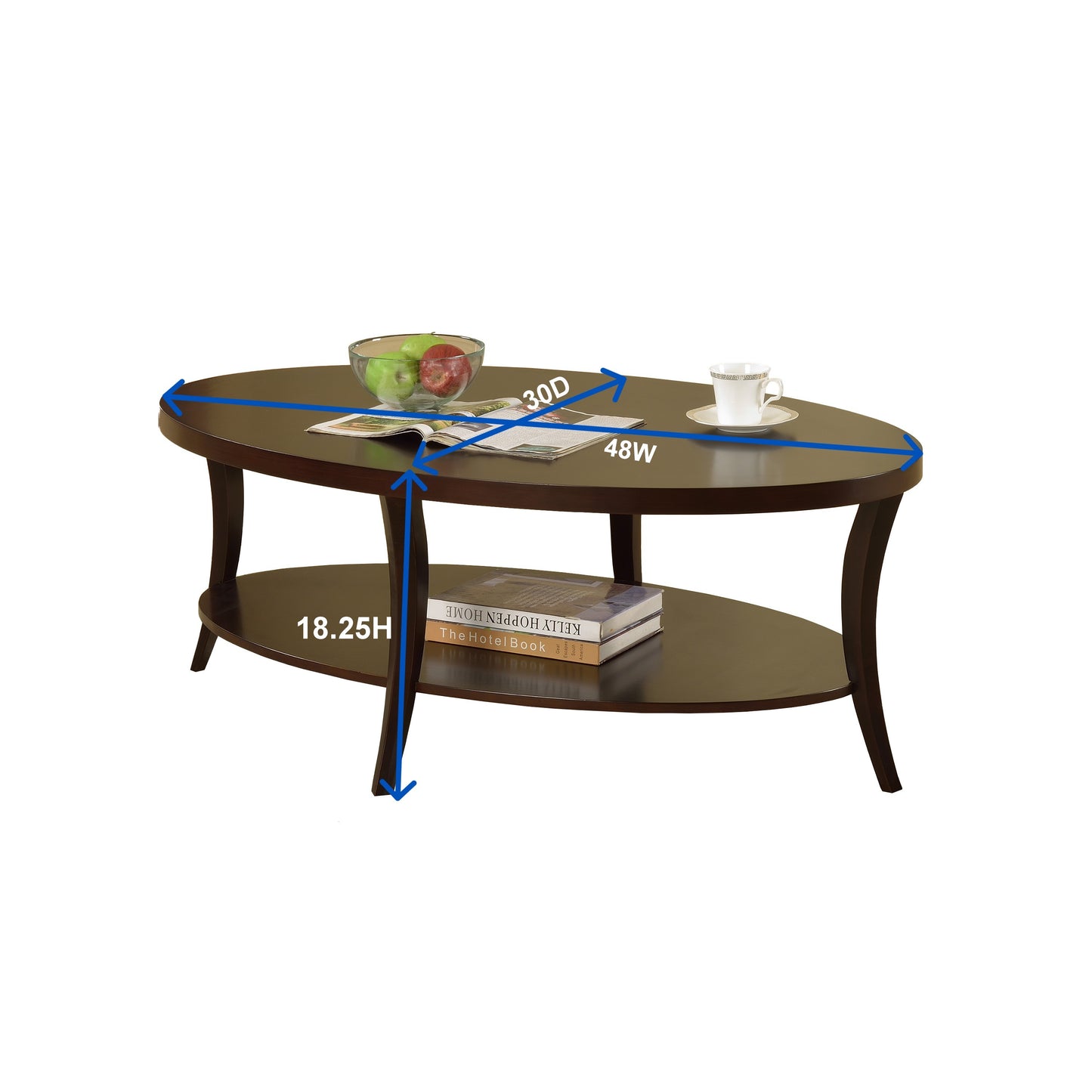 Dark brown oval coffee table with double tier shelf and decorative legs