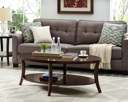 Dark wood oval coffee table with two shelves and a decorative tray with drinks