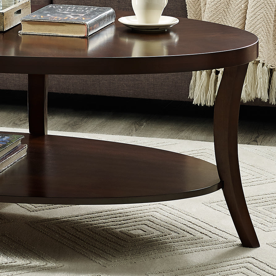 Dark wood oval coffee table with two tiers and curved legs