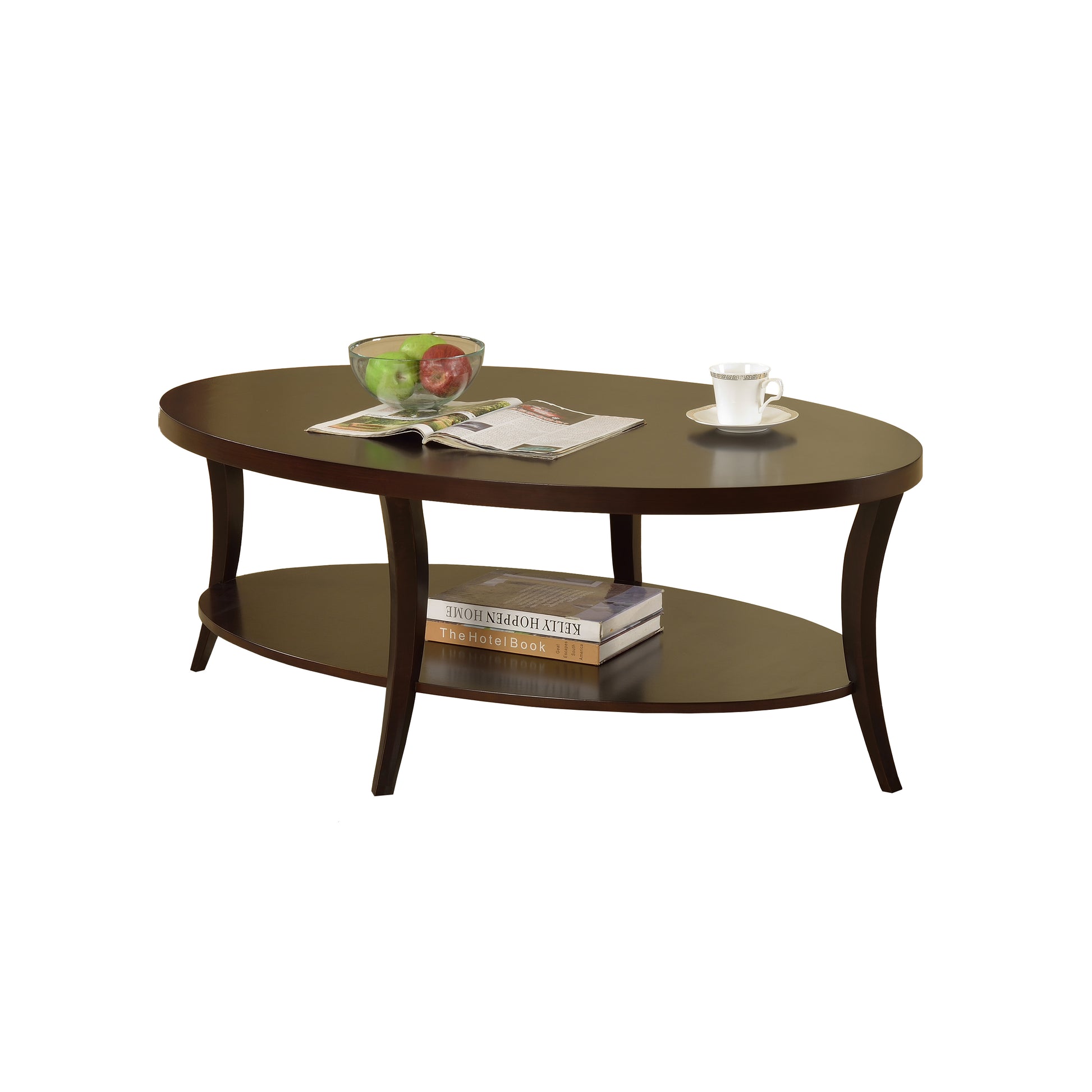 Dark brown oval coffee table with two shelves featuring a bowl of fruit and a cup