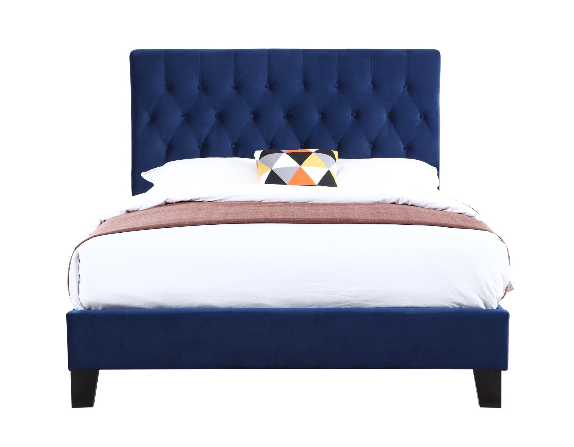 Dark blue velvet bed frame with tufted headboard and wooden legs