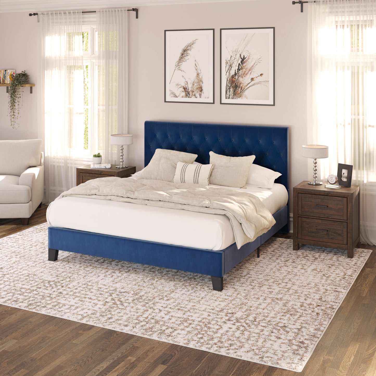 King size navy blue velvet bed frame with tufted headboard