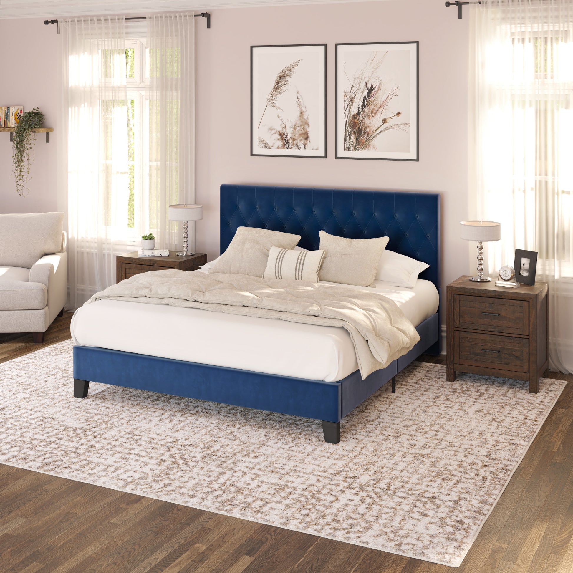 King size navy blue velvet bed frame with tufted headboard