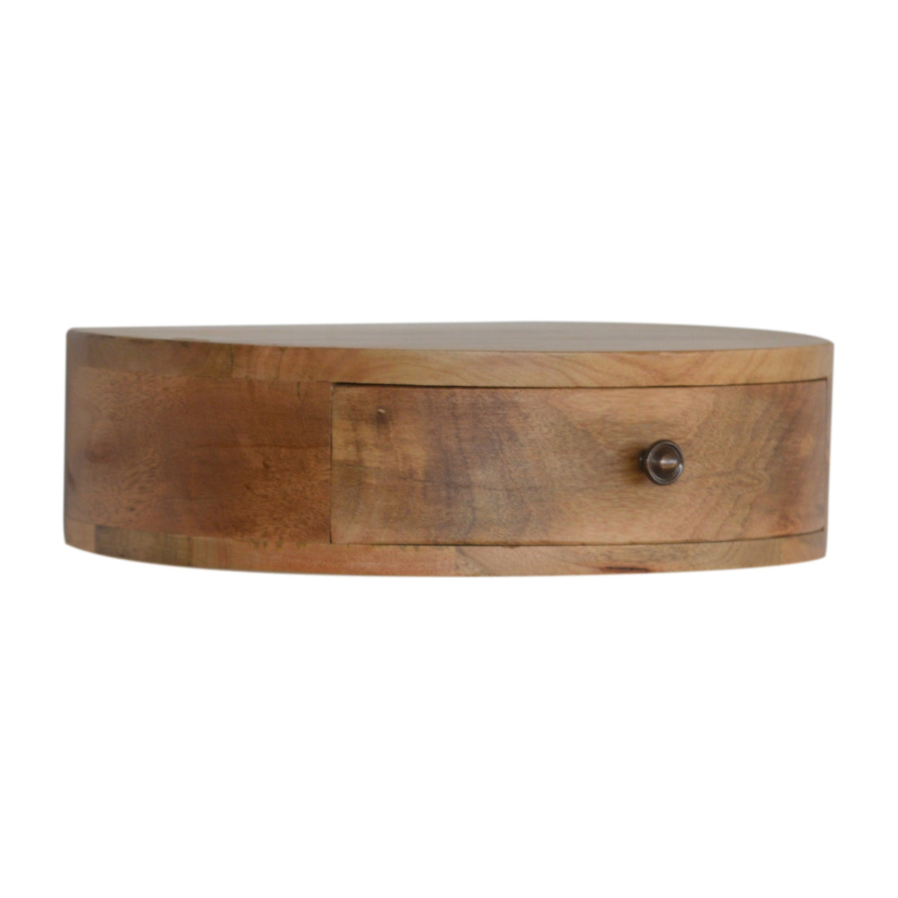 Round wooden bedside table with one drawer and metal knob