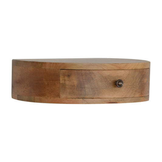 Round wooden bedside table with one drawer and metal knob
