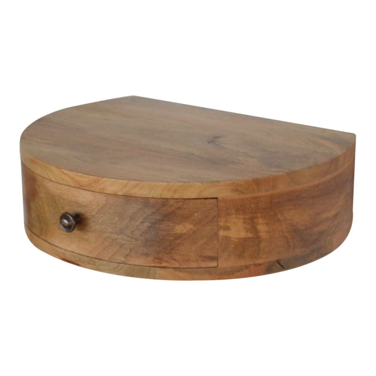 Natural wood Dshaped floating shelf with a single drawer and round knob