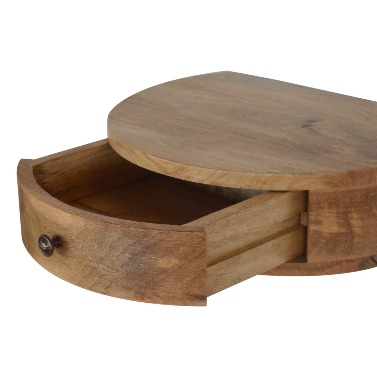Round wooden floating shelf with one open drawer and antique bronze knob