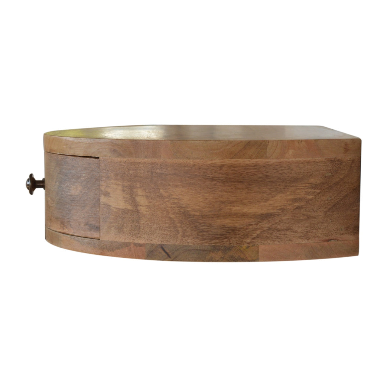 Curved wooden jewelry box with brass handle natural wood grain