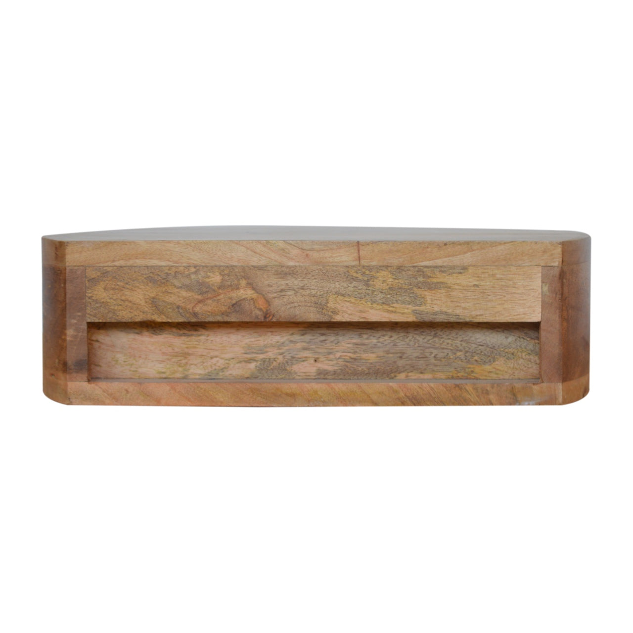 Natural wood bedside table with curved edges and one drawer