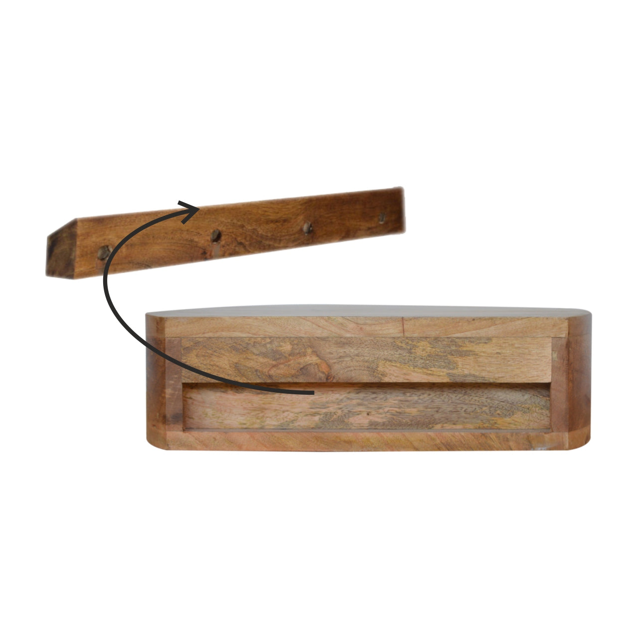 Wooden drawer unit with curved front and a separate wooden wall mount bar