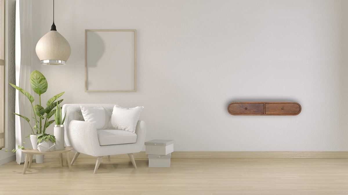 Midcentury modern wallmounted floating shelf with two drawers and brass knobs
