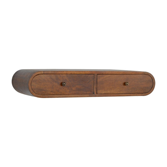 Curved wooden floating shelf with two drawers perfect for entryway storage
