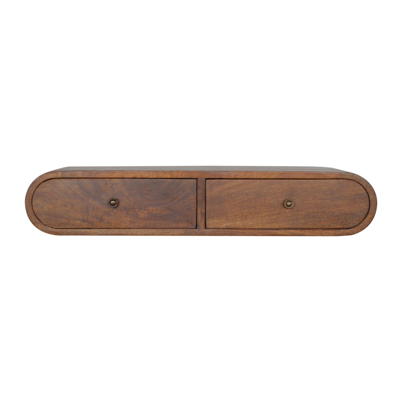 Walnut wooden floating shelf with two rounded drawers and brass knobs
