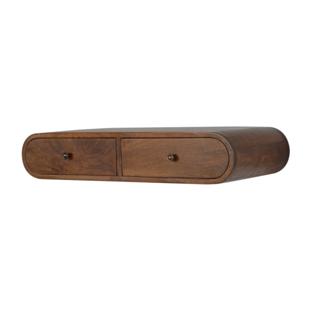 Curved dark wood floating desk with two brass knob drawers ideal for small spaces