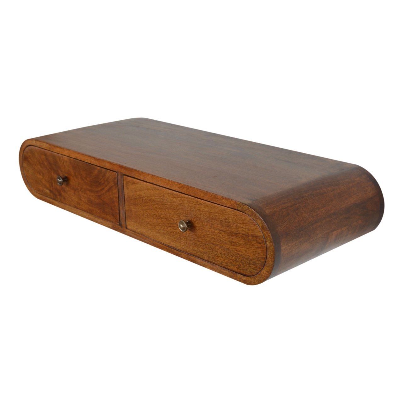 Curved wooden floating shelf with two drawers and brass knobs