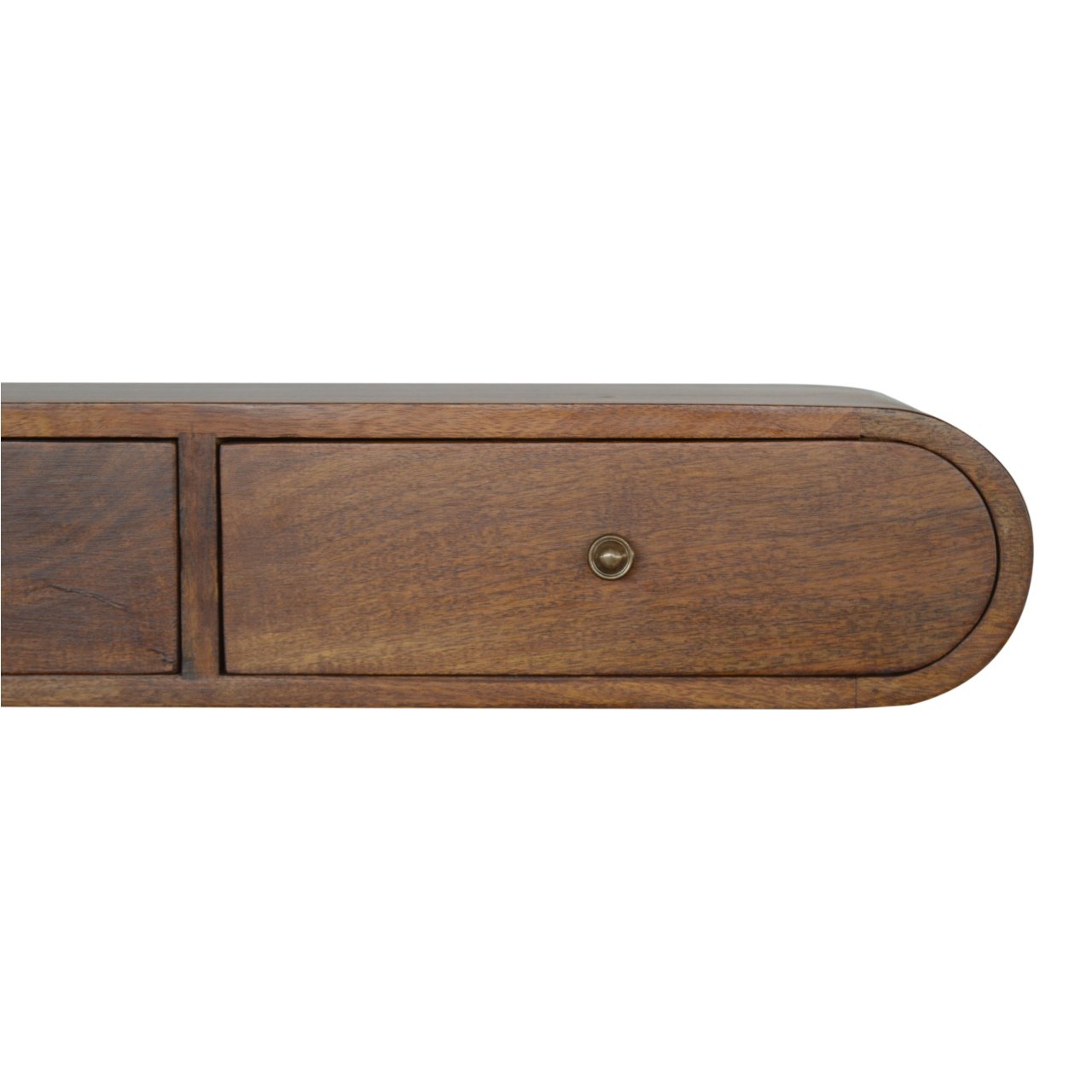Curved dark wood drawer with brass knob part of a midcentury modern dresser