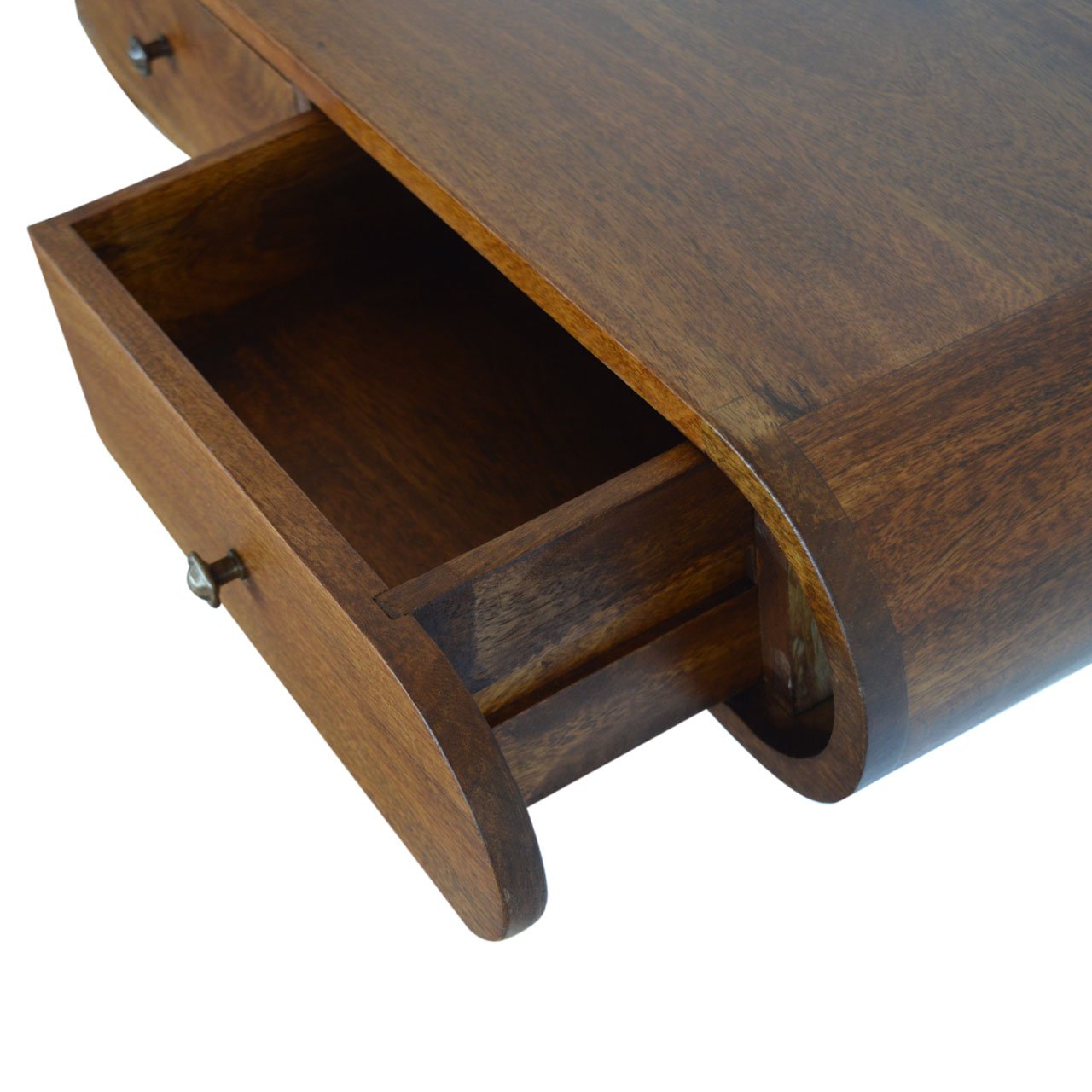 Dark wood accent table with one open drawer showing its smooth finish