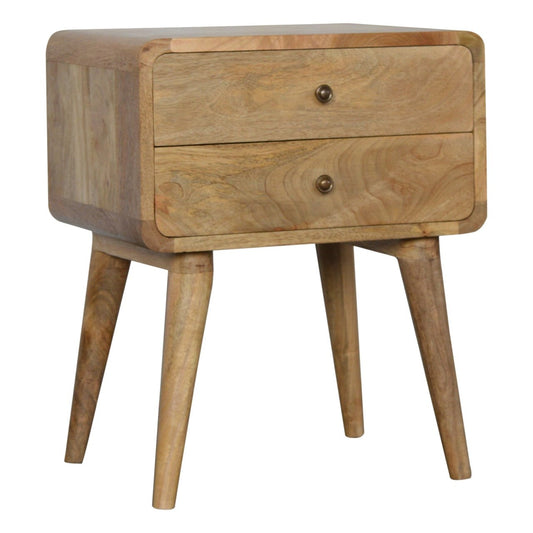 Light wood bedside table with rounded edges and two drawers