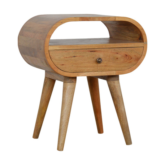 Solid wood bedside table with open shelf and one drawer natural finish midcentury modern design