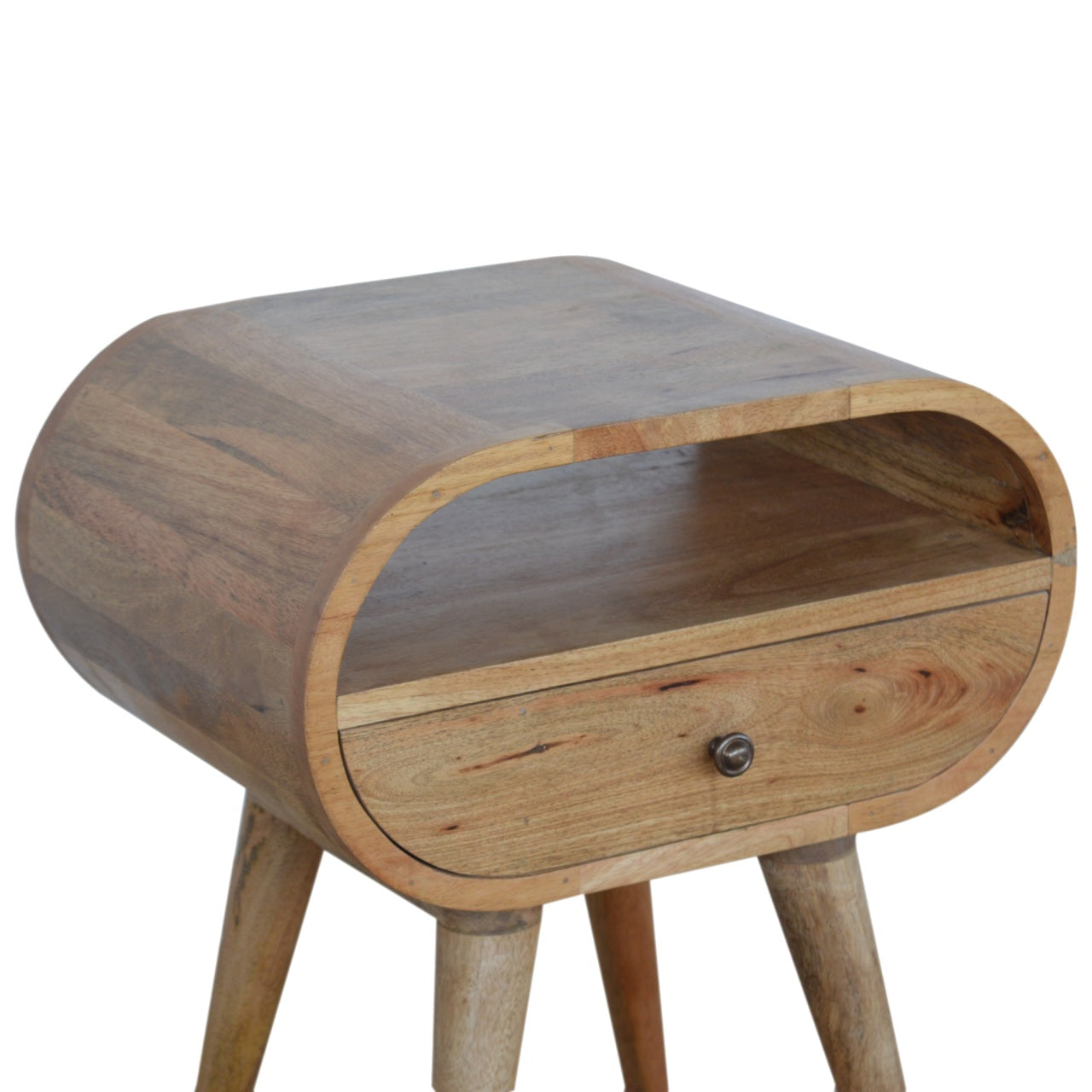 Wooden bedside table with curved front drawer and open shelf