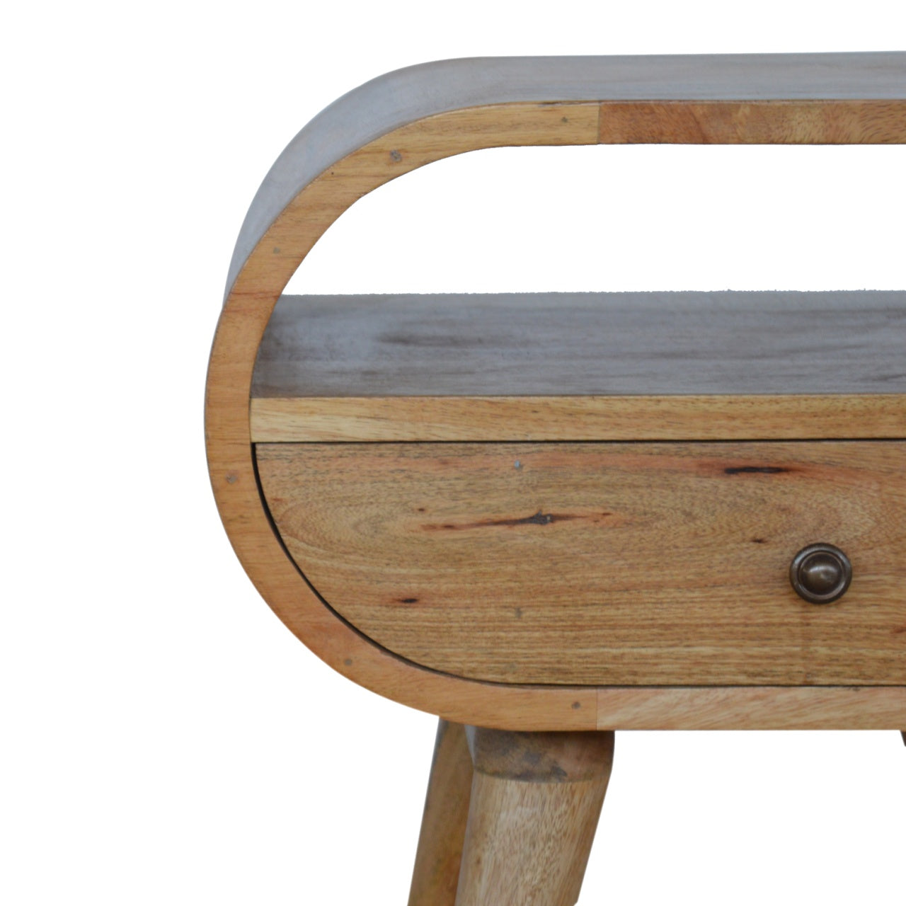 Round wood bedside table with one drawer and brushed metal knob detail