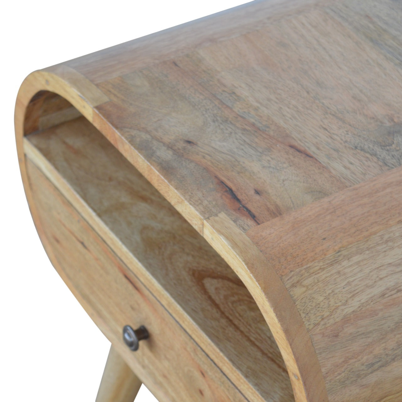 Solid mango wood bedside table with one drawer and open shelf