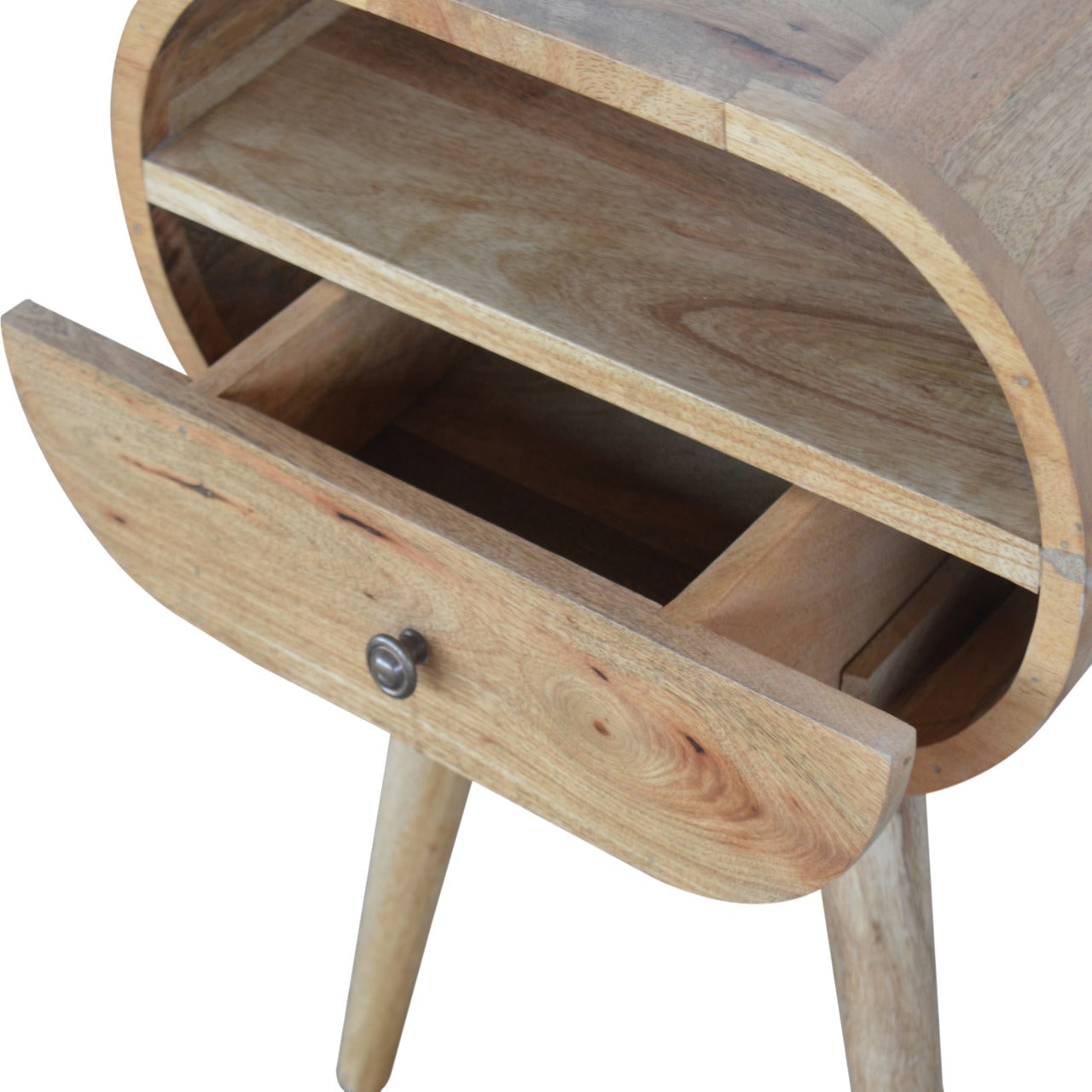 Oval mango wood bedside table with open drawer and shelf