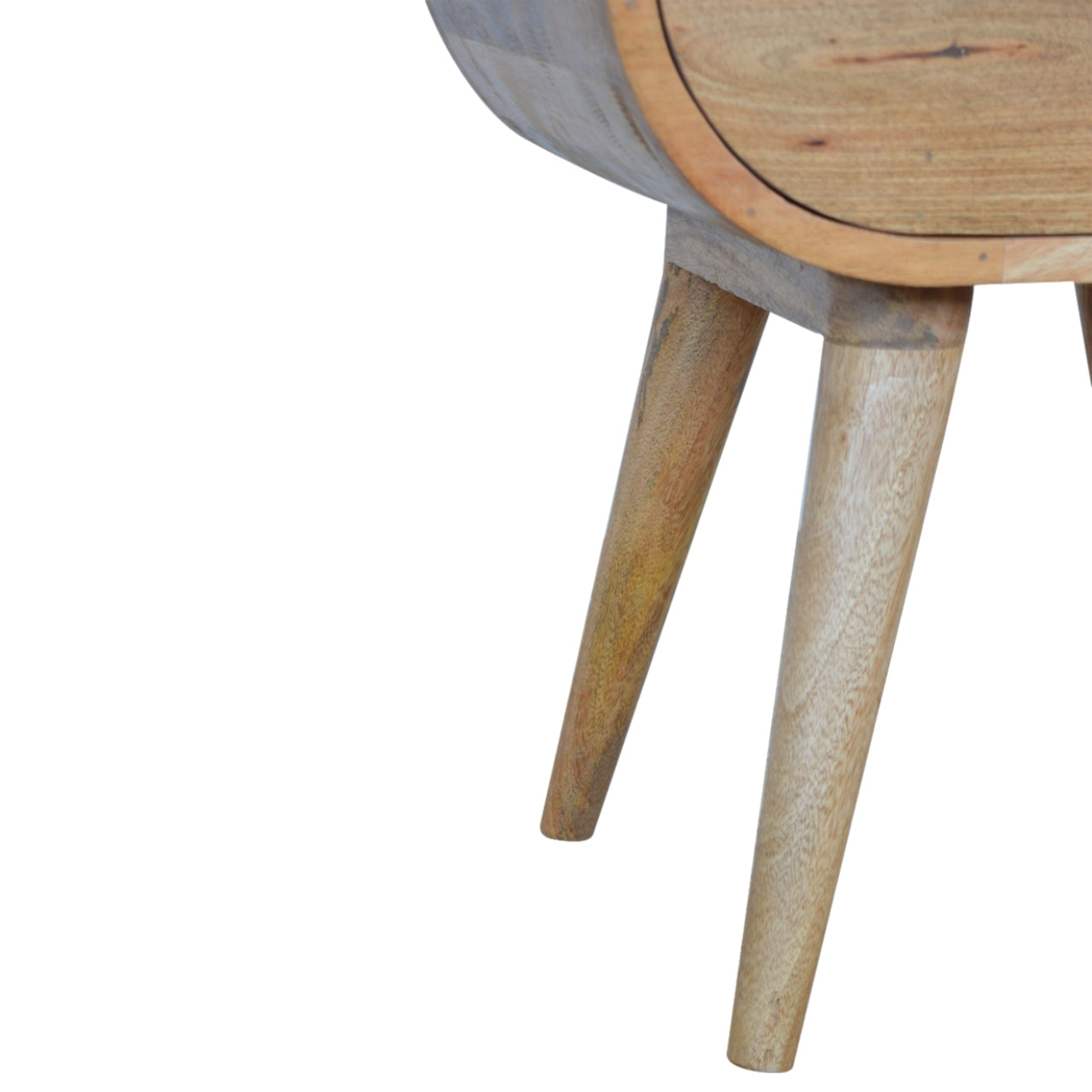 Light wood bedside table with tapered legs and curved drawer front