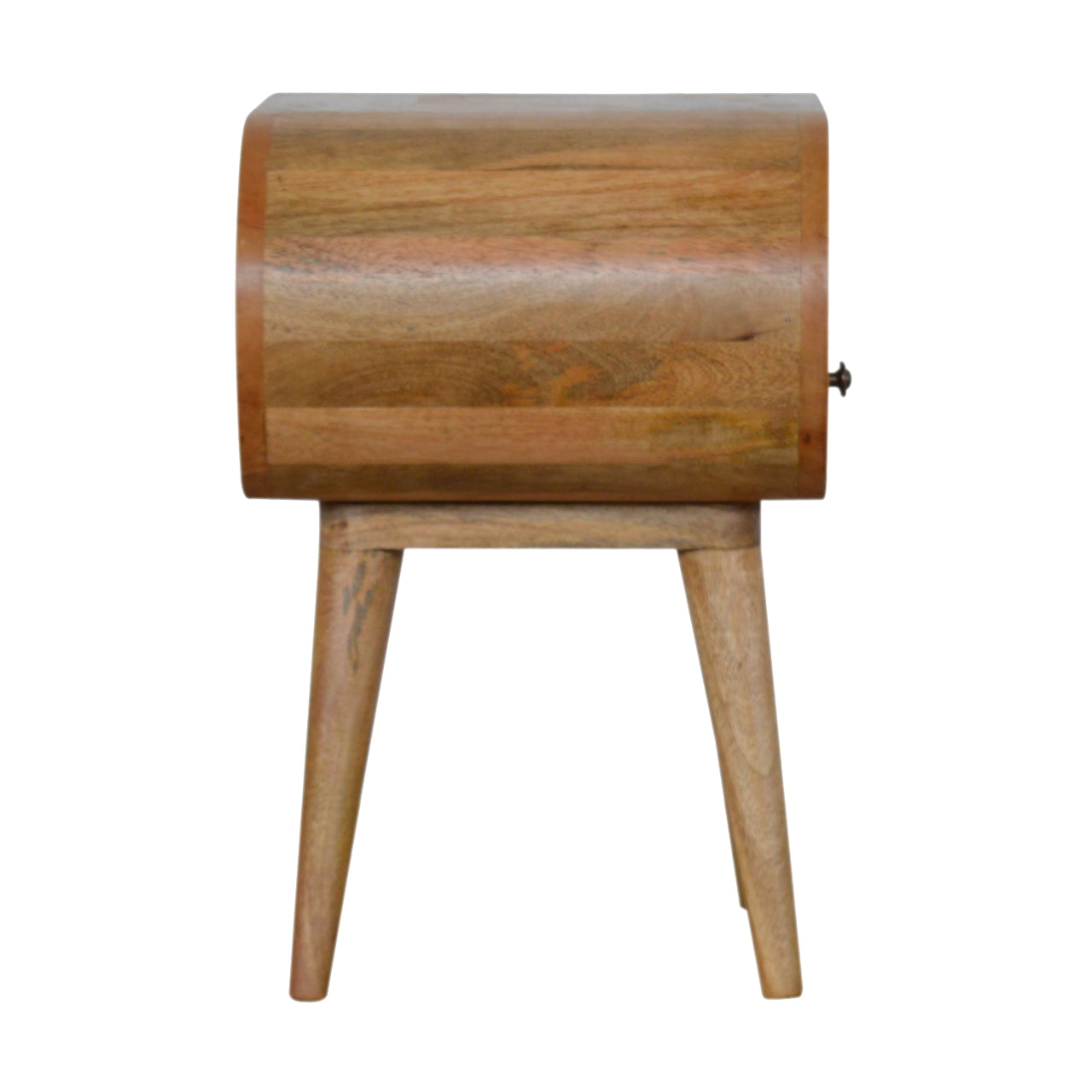 Curved oak bedside table with tapered legs and brass knob detail