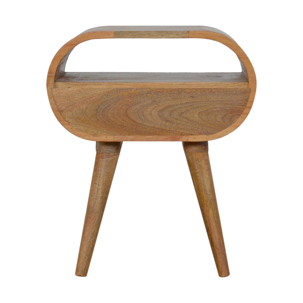 Wooden bedside table with curved frame and tapered legs midcentury modern design
