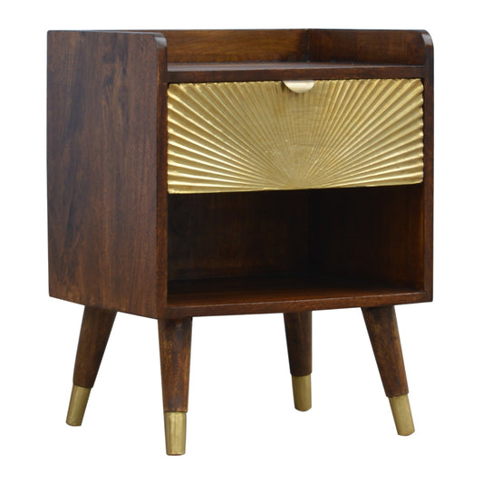 Wooden nightstand with fluted gold drawer front and brass feet