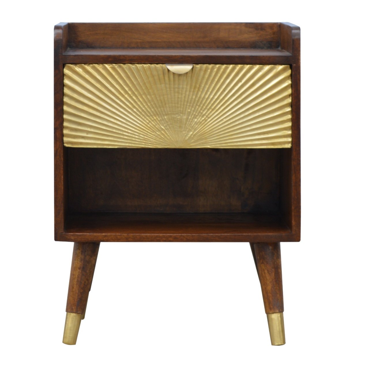 Walnut finish nightstand with gold sunburst drawer front and tapered legs