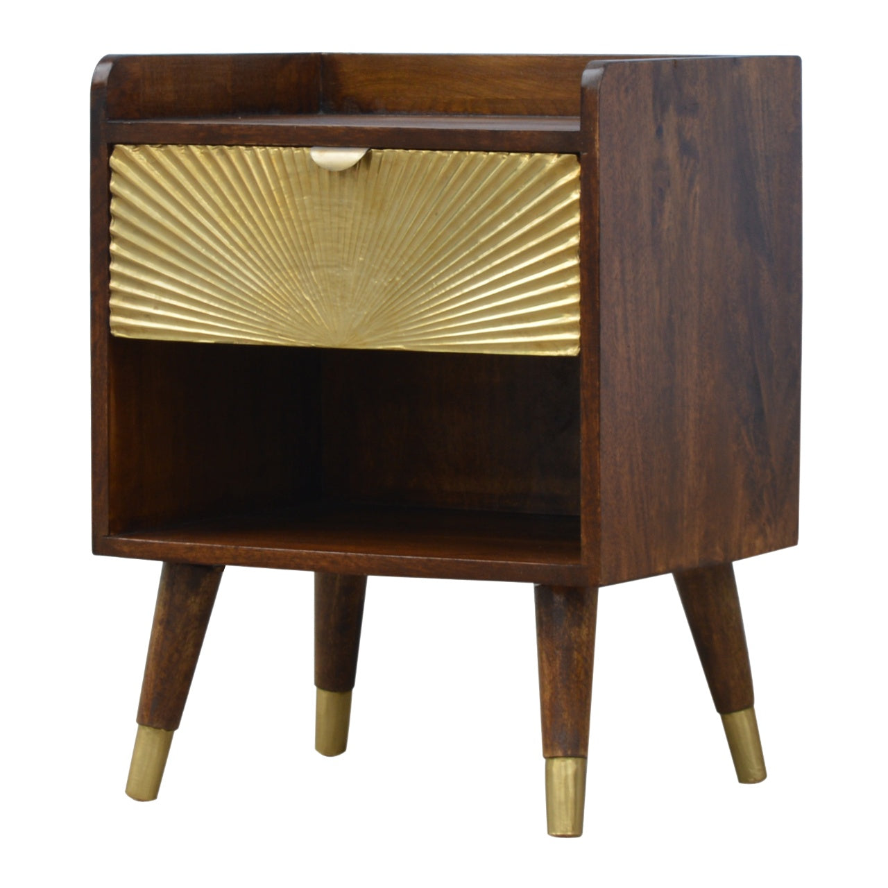 Dark wood nightstand with brass fanpattern drawer and goldtipped legs