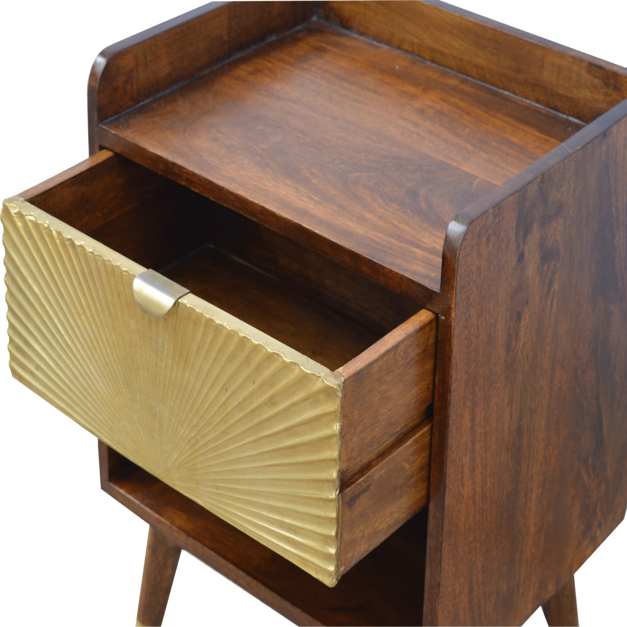 Brown wood nightstand with open drawer featuring a sunburst brass front and silver handle