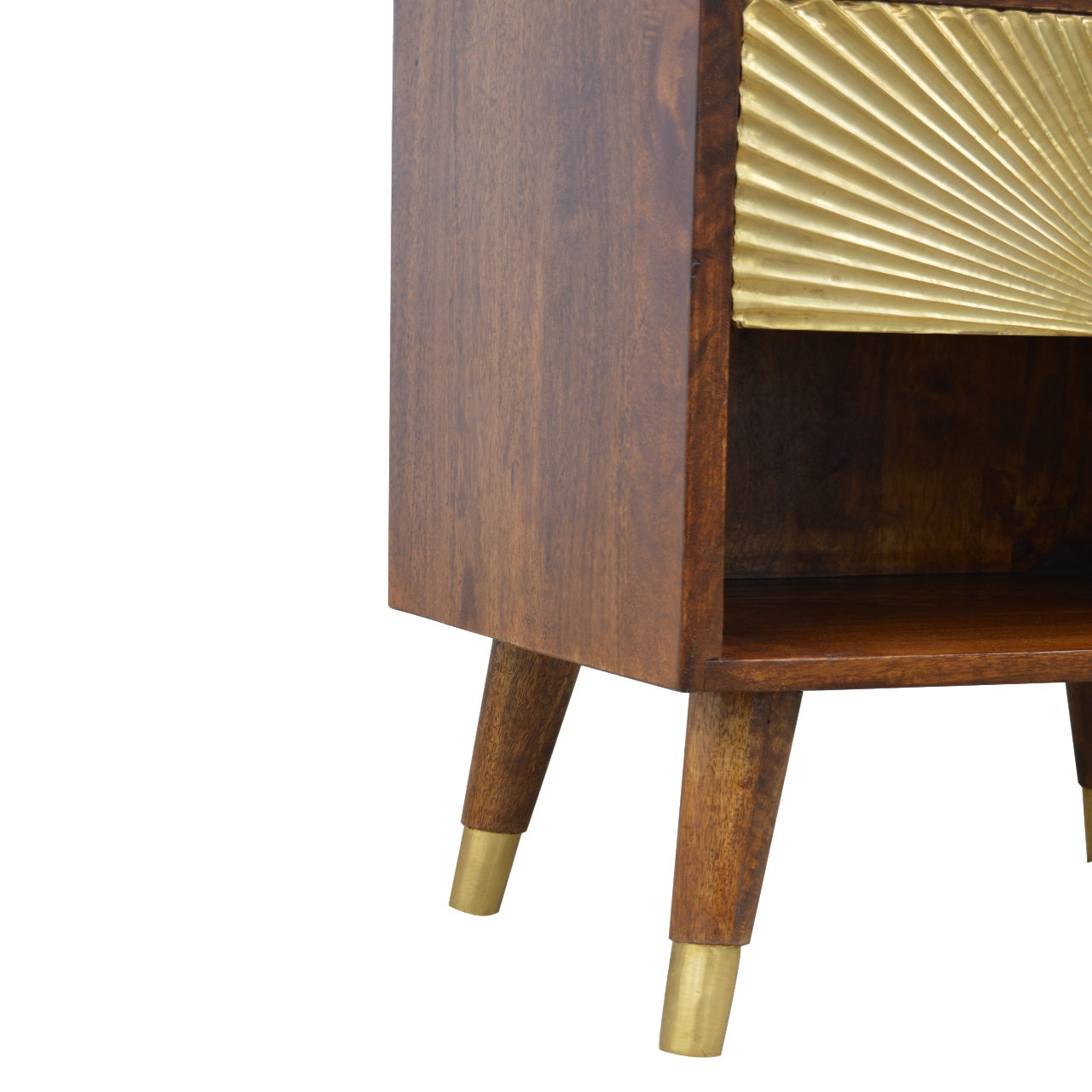 Solid wood bedside table with fanshaped gold drawer front and tapered legs