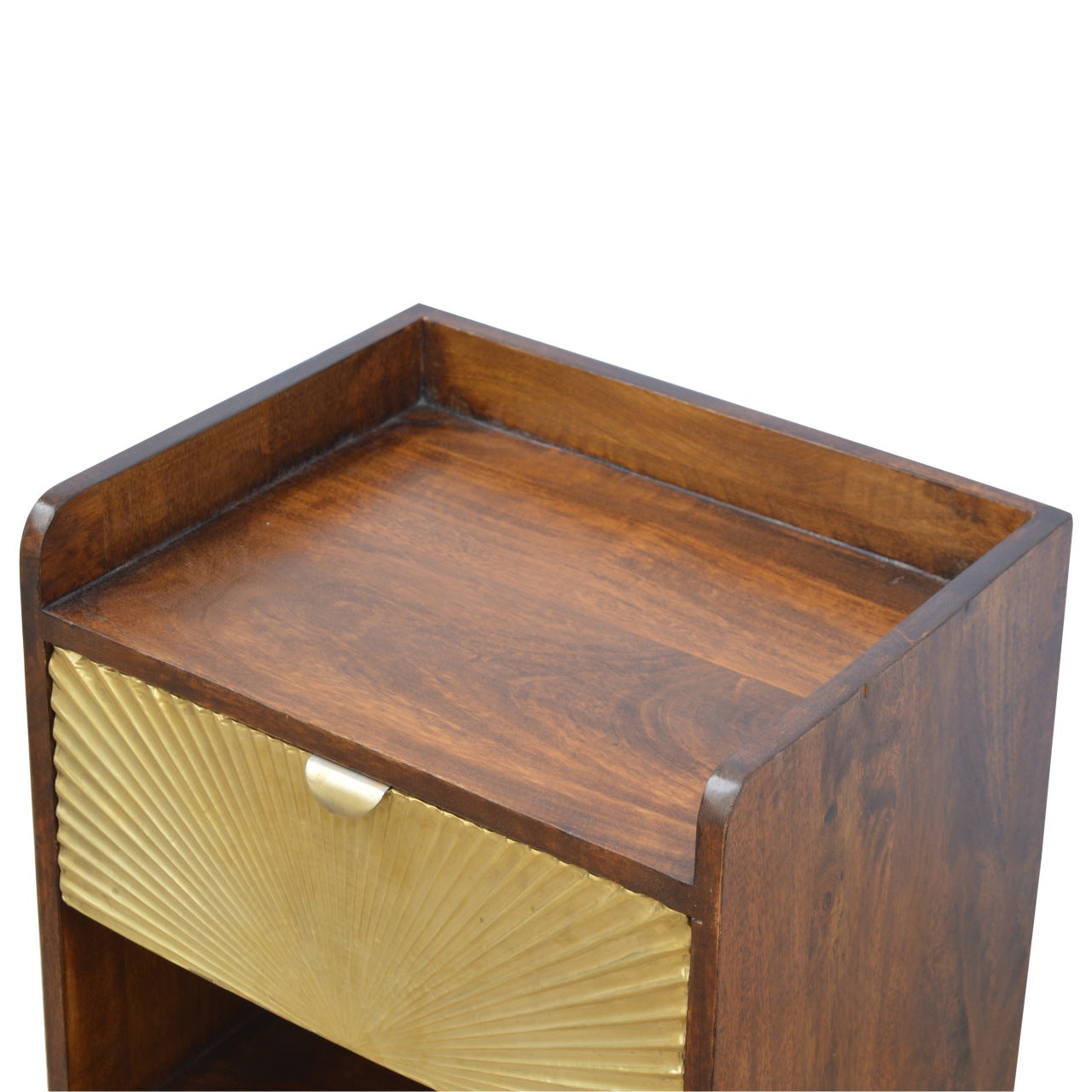 Wooden bedside table with ornate golden drawer front and silver handle