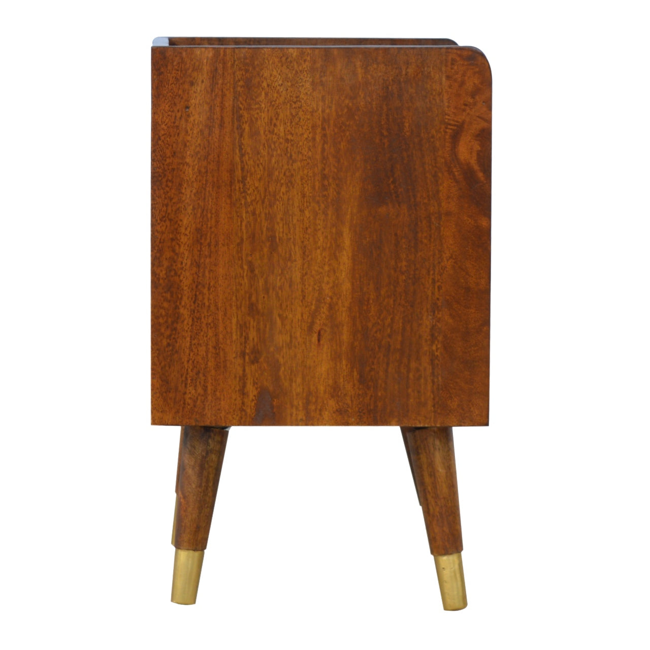 Side view of a rich brown wooden bedside table with tapered legs and brass accents