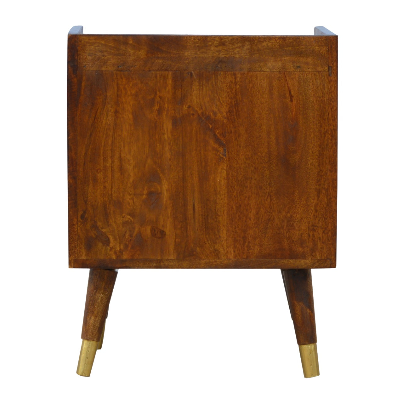 Solid wood bedside table with warm brown finish and tapered legs with brass caps