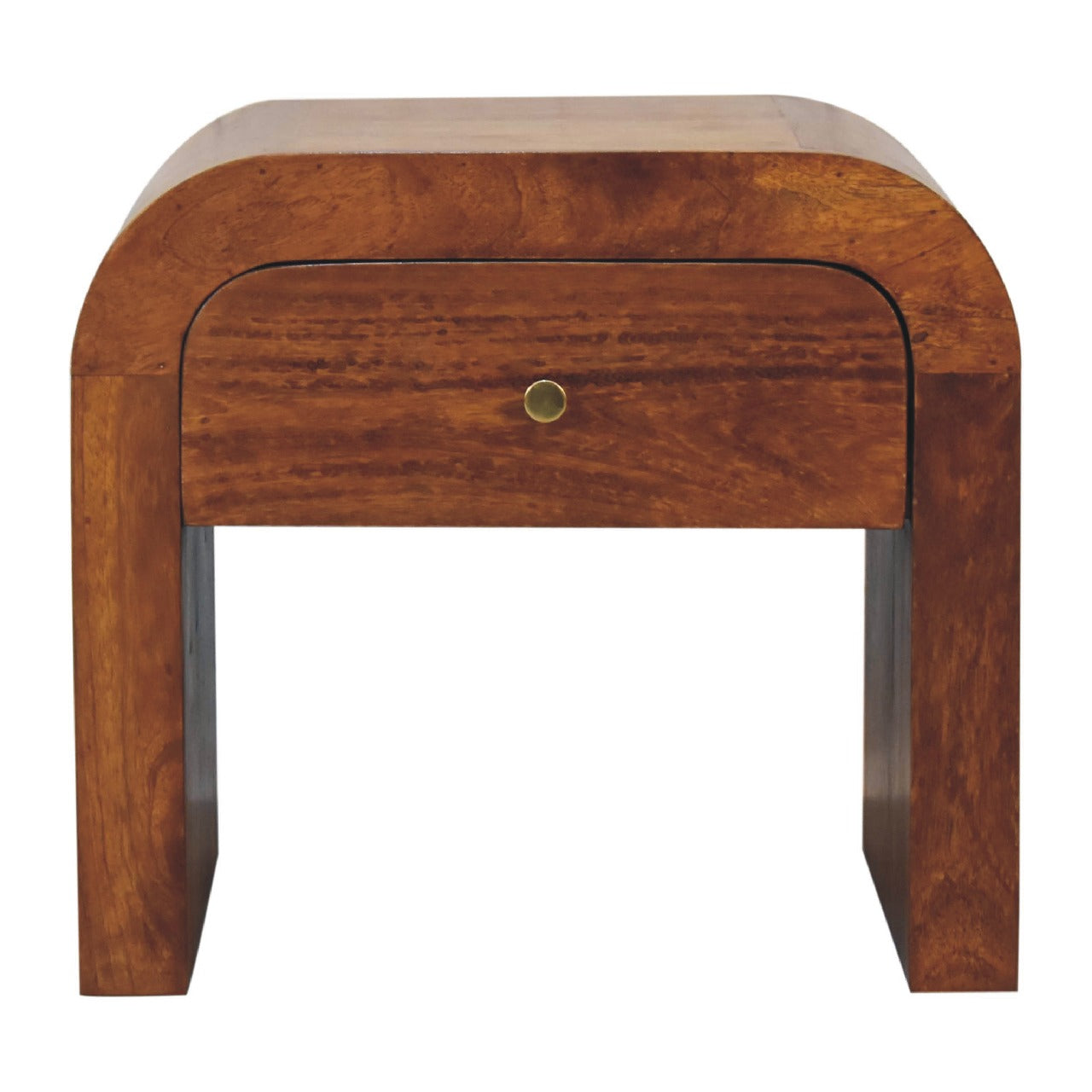 Modern brown wood waterfall end table with brass knob drawer