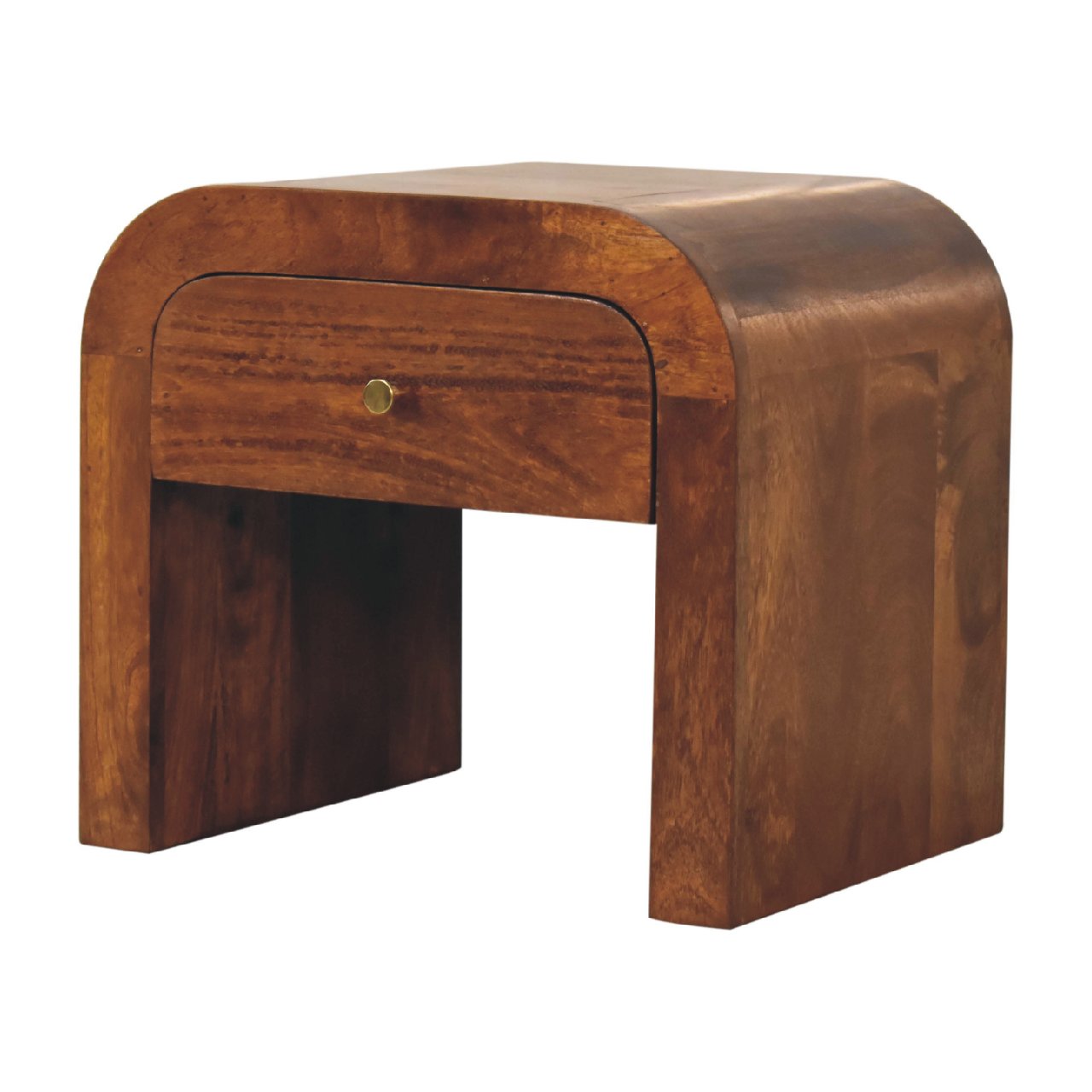 Curved wood bedside table with brass knob drawer midcentury modern accent