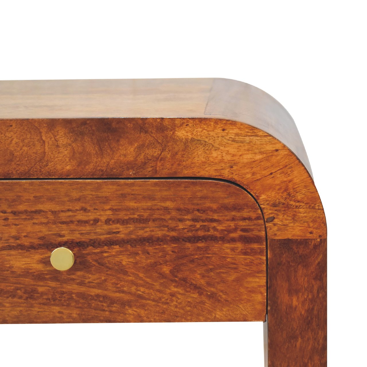 Curved wooden bedside table with one brass knob drawer handle