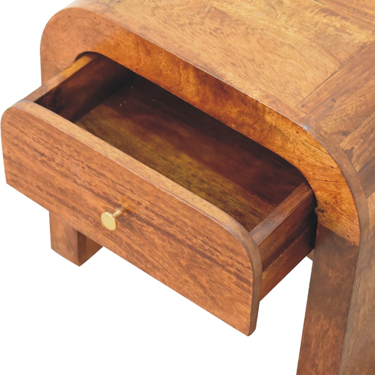 Wooden bedside table with open drawer and brass knob