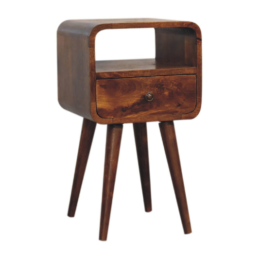 Curved oak bedside table with one drawer and open shelf midcentury modern style