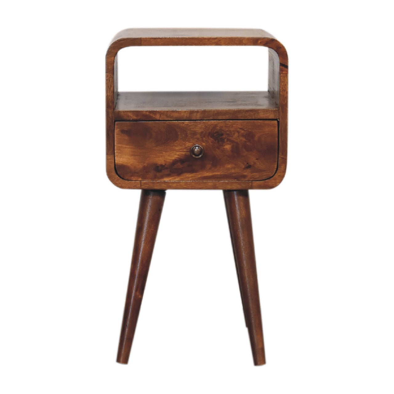 Retro wooden bedside table with a single drawer and open shelf featuring tapered legs