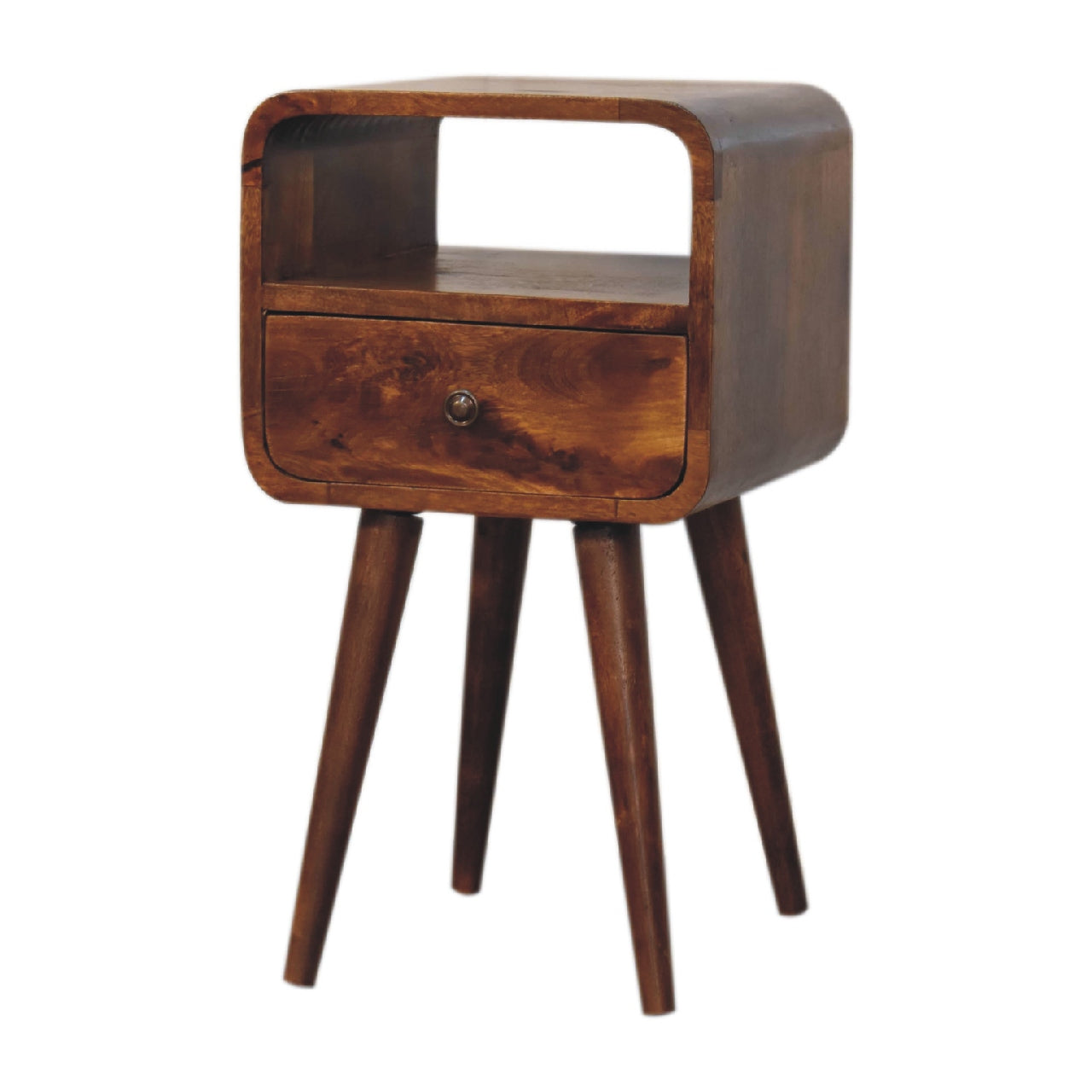 Curved solid wood bedside table with one drawer and open shelf