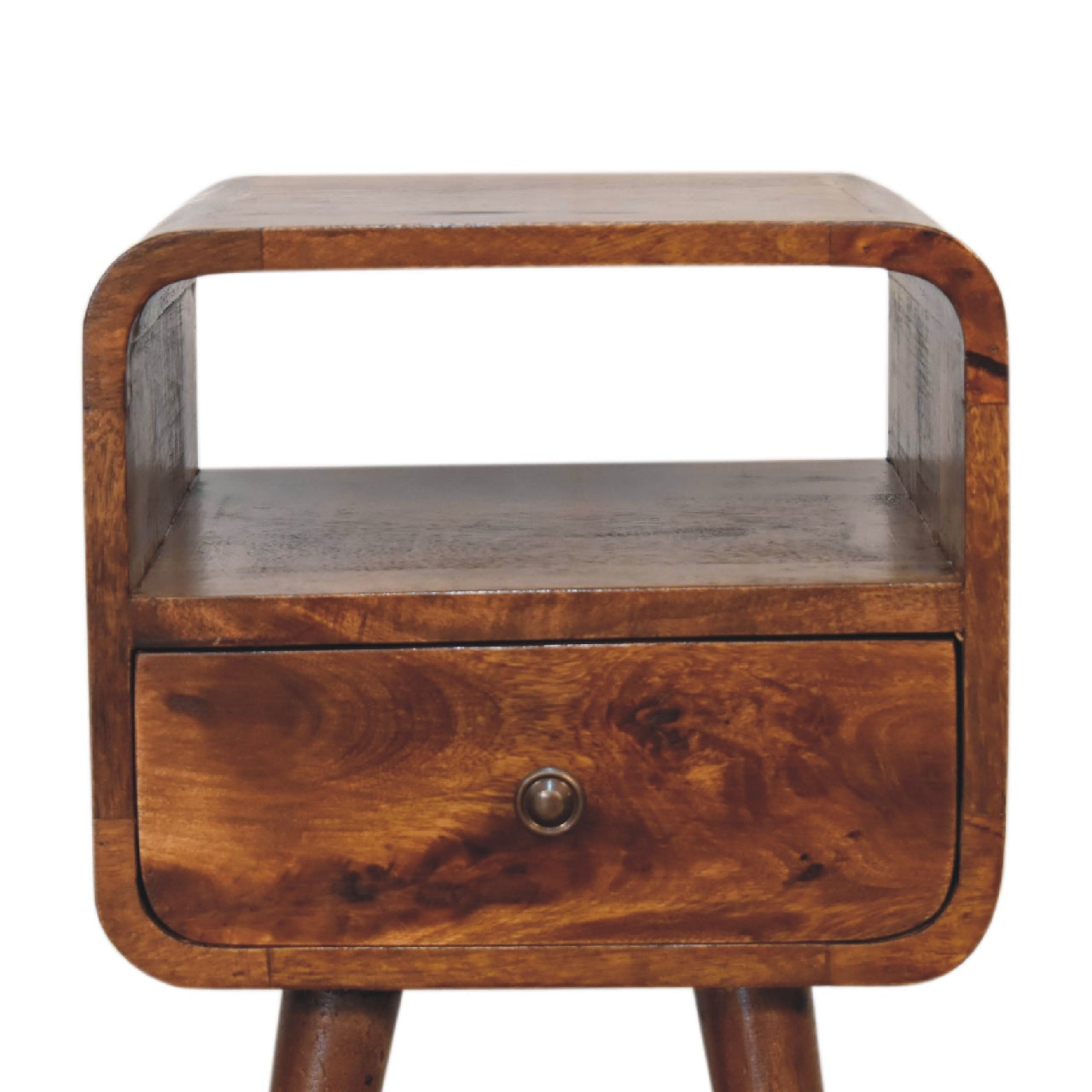 Curved walnut wood nightstand with one drawer and open shelf space