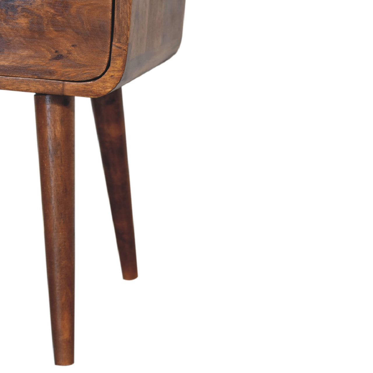 Curved wooden bedside table with tapered legs