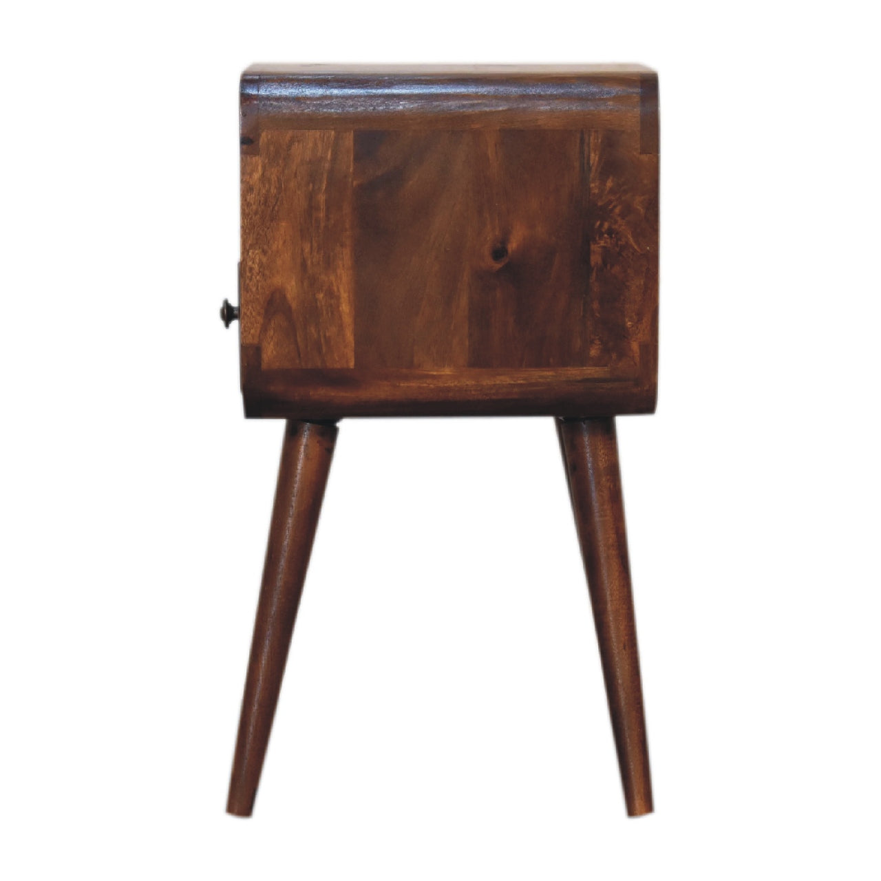 Solid wood side table with tapered legs and a single drawer