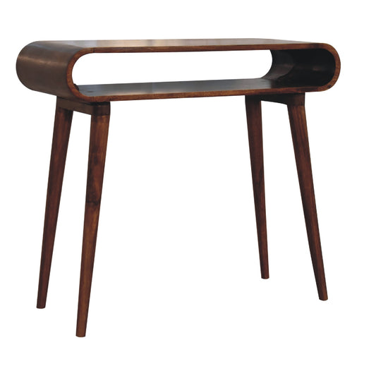 Dark walnut console table with two open shelves and tapered legs