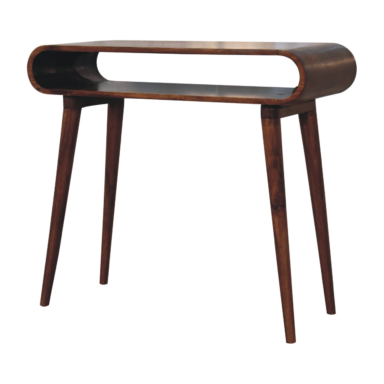 Dark walnut wood console table with two tiers and a curved openconcept design perfect for entryways